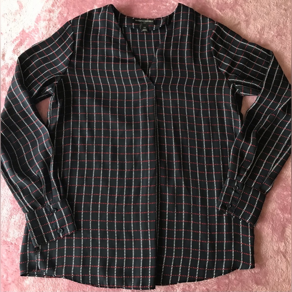 BANANA REPUBLIC Size XS ❤️🤍💙 Retro Long Sleeve Blouse 💙💙 Navy Blue Red White